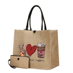 Coffee Burlap Red Heart Peace Love Leopard 2 pc Tote Beach Bag With Wallett NWT